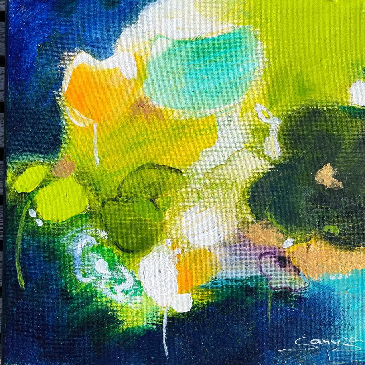 "Blütenplausch am Bach" Original 20x20cm